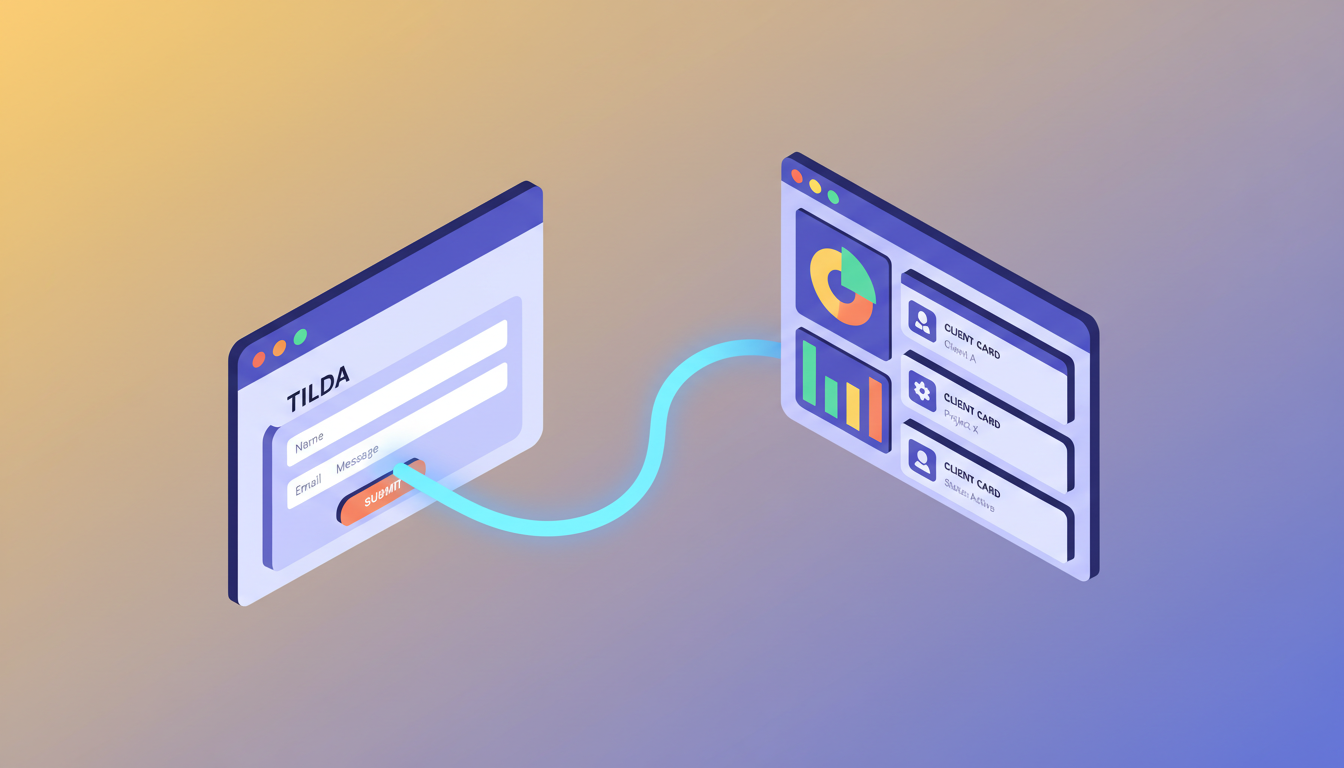 Иллюстрация бесшовной интеграции Tilda с CRM, потока данных из форм сайта в панель управления CRM