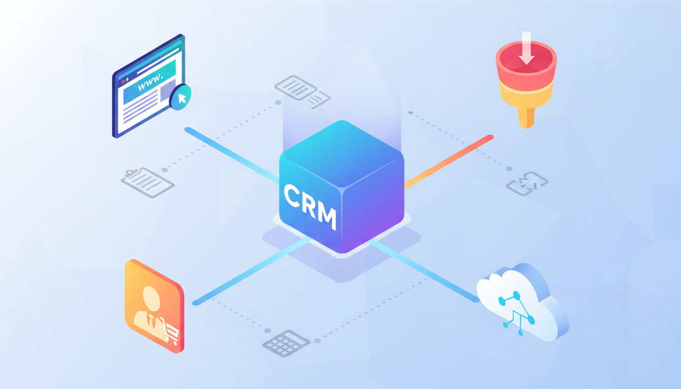 Схематичная иллюстрация, показывающая, как CRM-система соединяет и оптимизирует различные бизнес-процессы