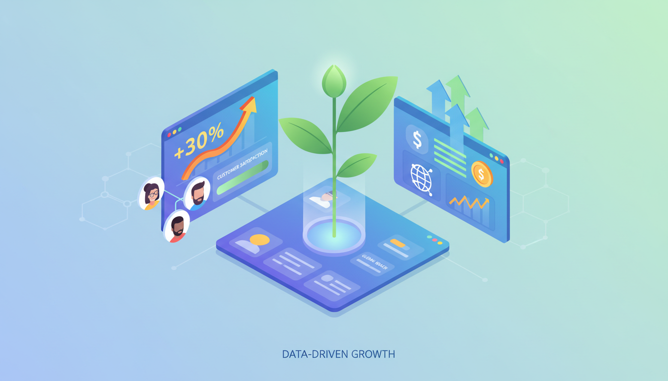 Иллюстрация роста бизнеса, где из CRM-панели вырастает росток, окруженный позитивными метриками и довольными клиентами